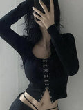 SUCHCUTE Gothic Women's T-Shirts Dark Academic Long Sleeve Single-breasted Shirt Grunge Streetwear Autumn Slim Basic Crop
