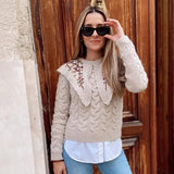 Fashion Woman Sweaters Embroidered Cropped Knitted Sweater Vintage Cute Peter Pan Collar Female Pullovers Chic