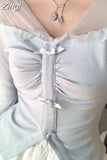 Ballet Sweet Long Sleeve Tshirts High Waist Cake Skirts Blue Mesh Patchwork V Neck Tees Two Piece Y2k Ball Gown