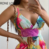 Women Chic Deep V Neck Sleeveless Floral print Edible Tree Fungus Chiffon Mini Sexy