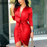 Women Lace-up Solid Color Long Sleeve Midi Dress Shirt Dress Elegant Fashion Party