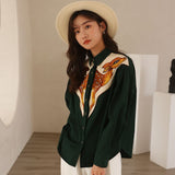 Deer Embroidered Long Sleeve Shirt Vintage Button Up Collar Dark Green Shirt For Women Designers Tops And Blouses
