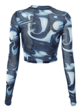 Mesh Long Sleeve Marble Print Crop Top- Outfit