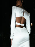 Winter Long Sleeve Maxi Bandage Dress Sexy White V-Neck Hollow Out Diamond Button Dress Evening Club Celebrity Party