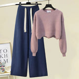 Winter Knitted Two Piece Set Women Casual Pullover Long Sleeve Knitting Sweater And Wide Leg Pants Sets For Women