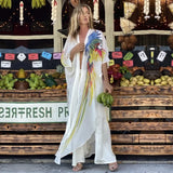 Boho Parrot Printed Front Open Summer Beach Dress Sexy White Chiffon Tunic Women Plus Size Beachwear Long Kimono Dress