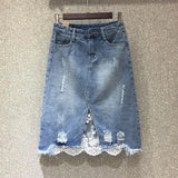 VAREY LIN 2025 New Spring Women Denim Skirts Casual Lace Irregular A-line Skirts High Waist Hole Split Denim Skirt Lady 211-1-Outfit