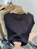 Top Women Summer Ice Silk Solid T-shirt Sleeveless Knit Top Women French Top 2023 Slim Bottom Shirt Elegant Blusas