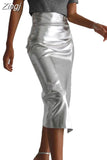 Spring Autumn Shiny Black Silver Golden Pu Leather Skirt Women Front Slit High Waist Long Luxury Designer Clothes