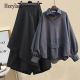 Women 2023 Spring Patchwork Long Sleeve Tops + Asymmetric Pants 2 Piece Suit Female Party Elegant Casual Two Piece