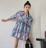 Oil Painting Vintage Blue Spring Dress 2021 Fashion Women Designer Peter Pan Collar 3/4 Sleeve Lilac Babydoll