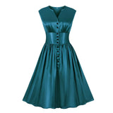 Vintage Sleeveless Satin Pleated Retro Dress Women Bandage Button Front Swing Pinup Casual Summer 50s Dresses Robe