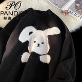 fleece cartoon rabbit Embroidery sweater thicken warm winter tops red brown oversized pullover couples kawaii clothes