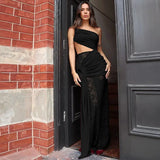 Sheer Draped One Shoulder Cut Out Maxi Dress- Outfit