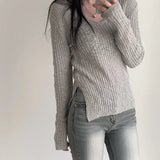 Solid Color V-Neck Elastic Knitted Tee Outfit