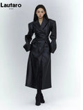 Spring Autumn Long Black Fitted Soft Pu Leather Trench Coat for Women with Shoulder Pads Luxury Designer Clothing