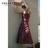 Tie Dye Red Long Midi Slip Dress Women Backless Fit And Flare Ruched Spaghetti Strap Slit Dress Summer 2020