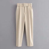 Solid Women Suit Pants Office Lady Empire Waist Belt Trousers Elagant Sashes Casual Chic
