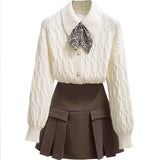 Casual Fall Winter Two Pieces Sets Women French Vintage Bow Collar Full sleeve sweater + Pleated skirt sets Female