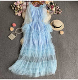 High-End Feel Leaf Edge Mesh Cake Dress Women's Waist Thin Temperament A Word Shoulder Super Fairy Long