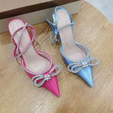 Onlymaker Women Pointed Toe Elegant Sandals Crystal Butterfly-knot Ankle Strap Buckle Thin High Heels Wedding Party Dress