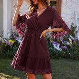 Solid Chiffon Flare Sleeve Mini Boho Summer Dress Holiday Frills Ruffle Hem Beach Floral Sundress Wrap Cocktail