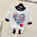 Large 2XL Comfort Cotton Knitted T Shirts Cute Love Heart Print Graphic Tee Korean Japan Fashion Office Ladies Tops