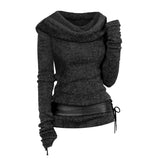 Cowl Front Lace Up Belted Sweater Spring Tops Tee For Women Solid Black Green Light Gray