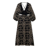 Cut Out Black Long Dress Women Embroidery Backless Dress Woman Puff Sleeve Vintage Gothic Dress 2023 Midi Summer