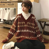 Harajuku Vintage Sweaters Women Argyle V-Neck Loose Y2k Pullovers Autumn Winter Casual Korean Lazy Wind Students Tops