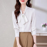 Spring New White Shirt Women Bow Ribbon Elegant Shirts Fashion Womens Tops Satin Female Clothing OL Silk Shirts and
