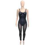 Sexy Rhinestone Mesh Sheer Skinny Long Pant Jumpsuit Women Strap See Through Romper Night Clubwear Fitness