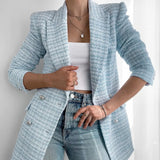 Casual Double Breasted Tweed Women Blazer Coat 2021 New Long Spring Autumn Jackets Coats Female Chic Office Lady