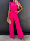 Waist Lace-up Belt Jumpsuit Women Commute Summer Office Overalls Fashion Flying Sleeve Female Solid Romper