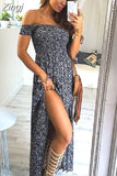Women Summer Chiffon Long Dress Sexy Slash Neck Strapless Front Split Casual Elegant Floral Print Boho Beach