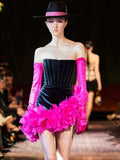 Strapless Backless Lace-up Feathers Dress Women Black Velet Feather Design Badycon Mini Dress Evening Catwalk Party