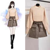 Puff Sleeve Women Fashion Autumn Winter Slim Sweet Sweaters Tops+Woollen Cloth Plaid High Waist Pockets Mini Skirts