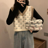 Vintage Harajuku Print Knit Vest Fall Women V-Neck Sweater Vests Fashion Loose Sleeveless Y2k Waistcoat Korean
