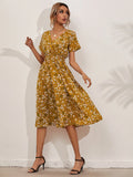 Printed Casual Beach Midi Dresses Women Summer V-neck Short Sleeve Empire Waist A-Line Dress Sundress Vestido Robes