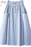 Women Summer Skirt Spring Korean Style Casual Solid High Waist A-Line Midi Skirts With Pocket Girls Elegant