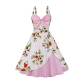 Bow Front Pink Floral 50s Rockabilly Tea Dresses Robe De Cocktail Women Spaghetti Strap Party Elegant Summer Pinup