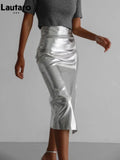 Spring Autumn Shiny Black Silver Golden Pu Leather Skirt Women Front Slit High Waist Long Luxury Designer Clothes