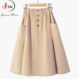Women Summer Skirt Spring Korean Style Casual Solid High Waist A-Line Midi Skirts With Pocket Girls Elegant