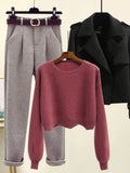 Winter Warm Clothes Three Piece Set Women Outfits Office Ladies Elegant Woolen Coats+knitted Sweater+wool Harem Pants