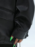 Spring Autumn Oversized Casual Waterproof Black Soft Pu Leather Jacket Women with Drop Shoulder Long Sleeve Fashion
