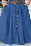 Maxi Skirts Fashion Women Elegant Button High Waist Midi Skirt Female Big Hem Casual Flare Pocket Button Long