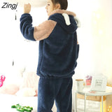 New Autumn Winter Women Flannel Pajamas Set Bear Hooded Pajamas Sleepwear Coral Fleece Thickened Warm Pyjamas Home