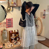 Vintage Lace Dress Women Y2K Sheer Spaghetti Strap A Line Dresses Streetwear Korean Sleeveless Chic Midi Sundress