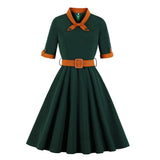 Green Autumn Women 50s 60s Tunic Midi Dress Retro Vintage Robe Rockabilly Vestido Office Casual Winter 1950s Short