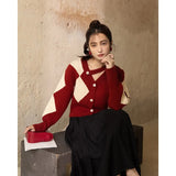 Knitted Cardigan for Women 2022 Autumn Winter French Chessboard Rhombic Retro Red Hollow Out Female Sweaters